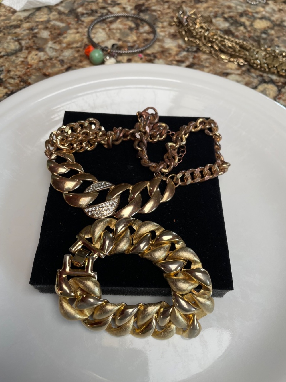 Vintage Chunky Gold Link Statement Necklace & Bracelet Set - Rhinestone Accent